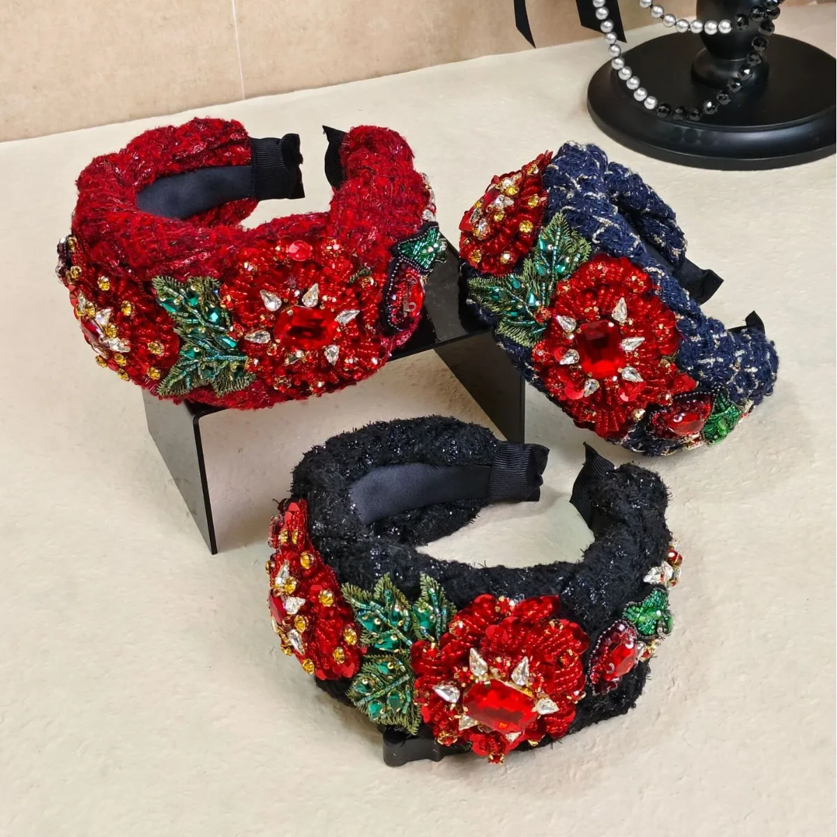 

New Chinese Style National Style Luxurious High-End Red Rhinestone Flower Warm Headband Wide Hair Accessory