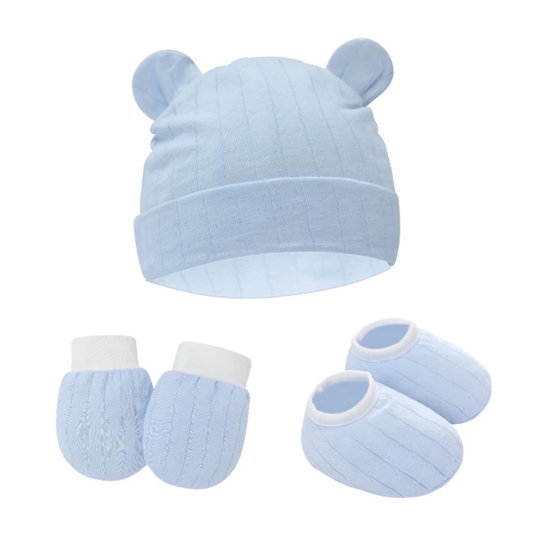 1 Set Baby Anti Scratching Gloves Cute Ears Hat Foot Cover Set Soft Cotton Newborn No Scratch Mittens Socks Beanies Cap