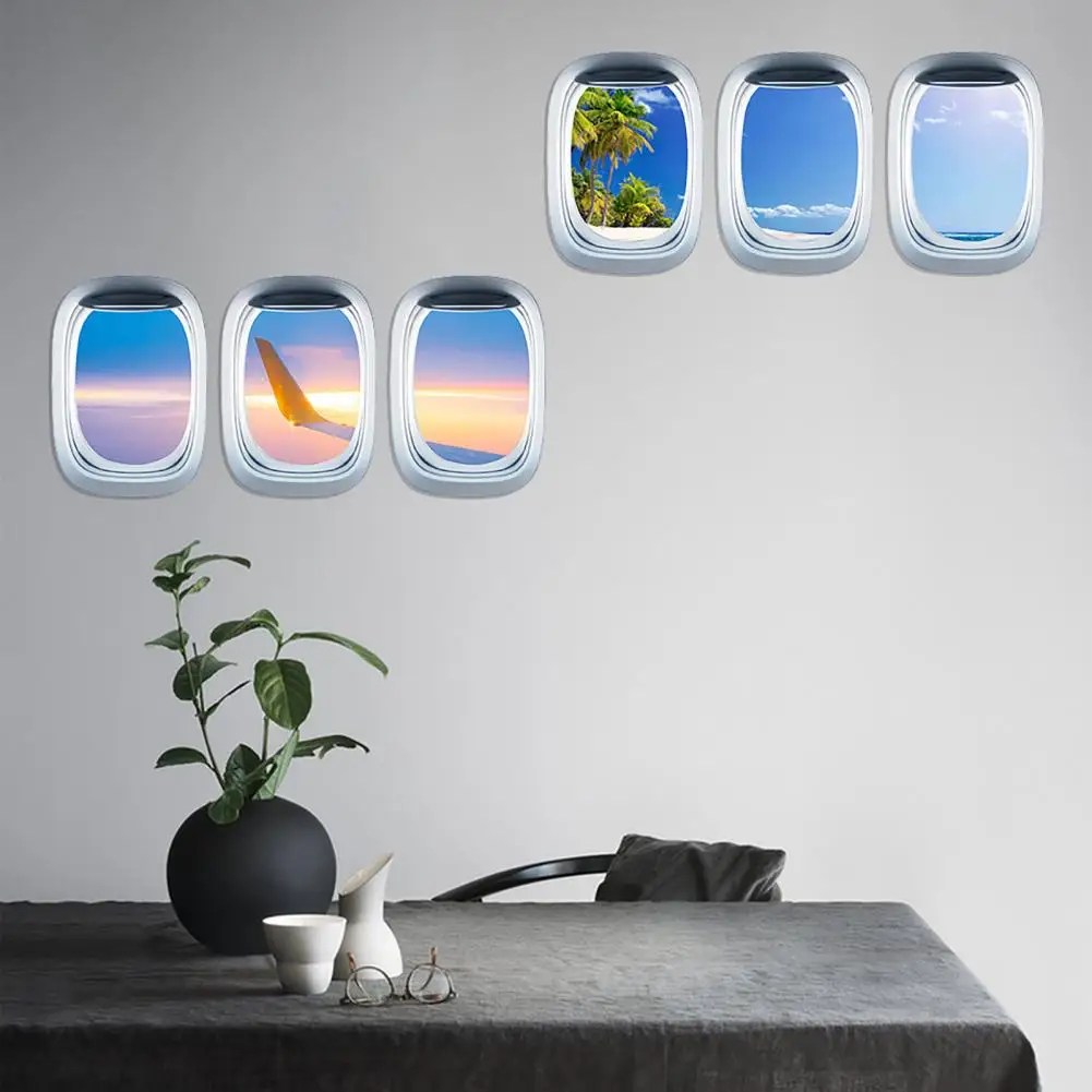 3Pcs 3D Stickers Airplane Window Decal Poster Stickers Self Adhesive Window View Seaside Mountain City Landscape Wall Stickers