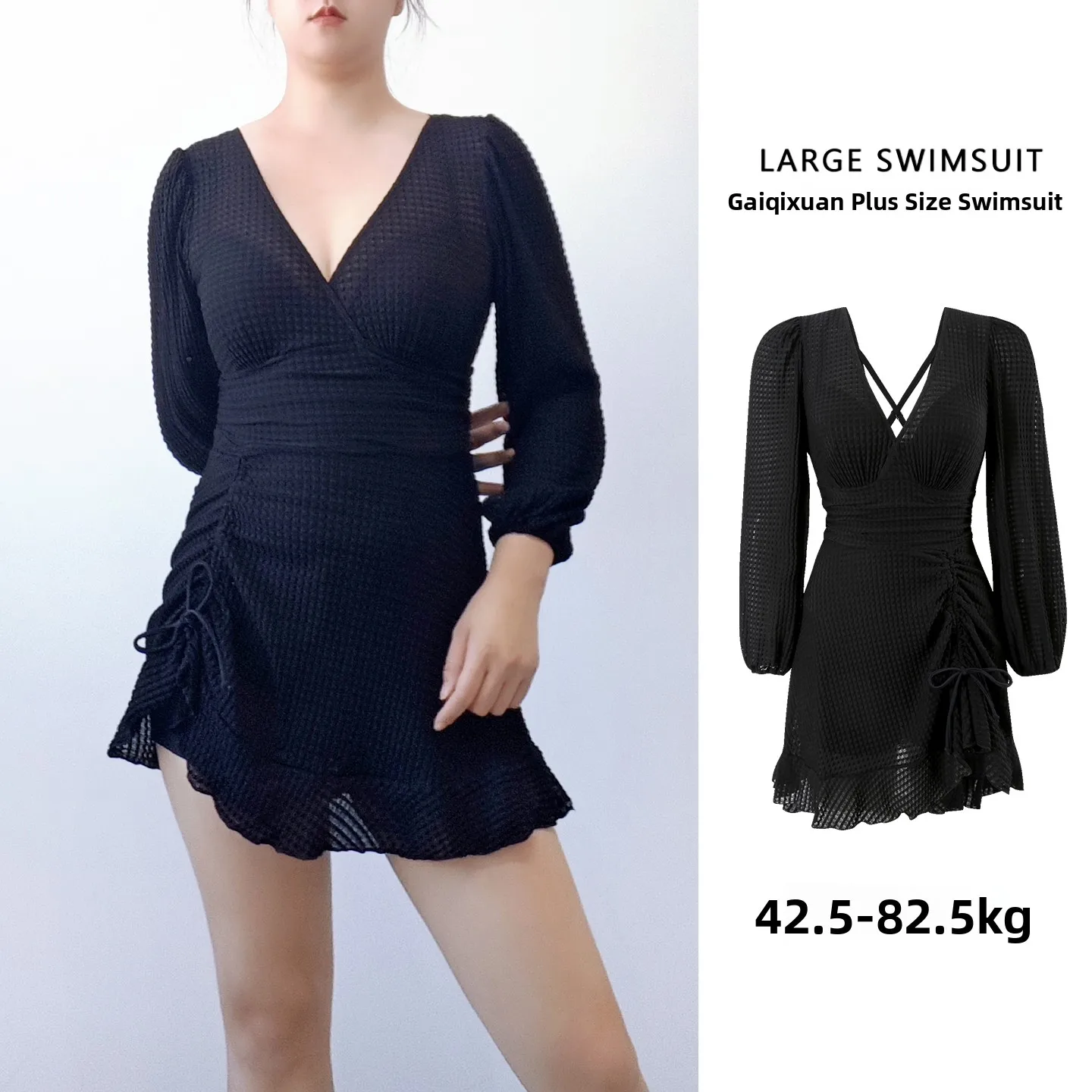 

Новый женский купальник больших размеров с V-образным вырезом, длинными рукавами, цельный, с утягивающим эффектом на талии, сексуальный, с драпировкой, консервативный, черный