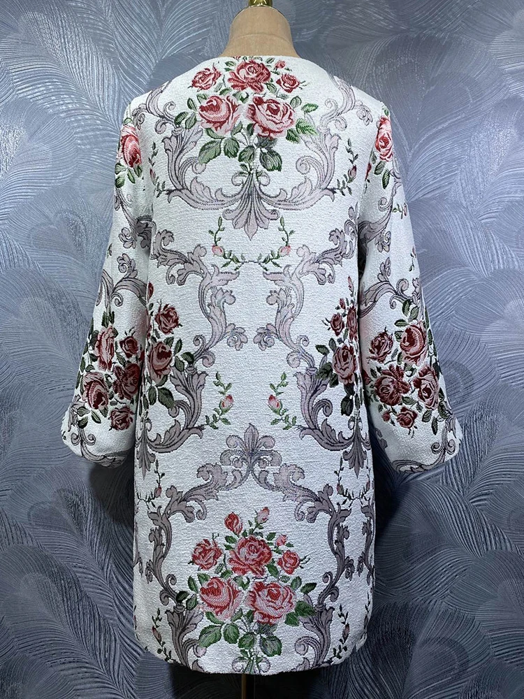 DLDENGHAN Beading Jacquard Vintage Coat For Women O-Neck 4/3 Sleeved Pockets Concealed Button Outerwear Autumn Female