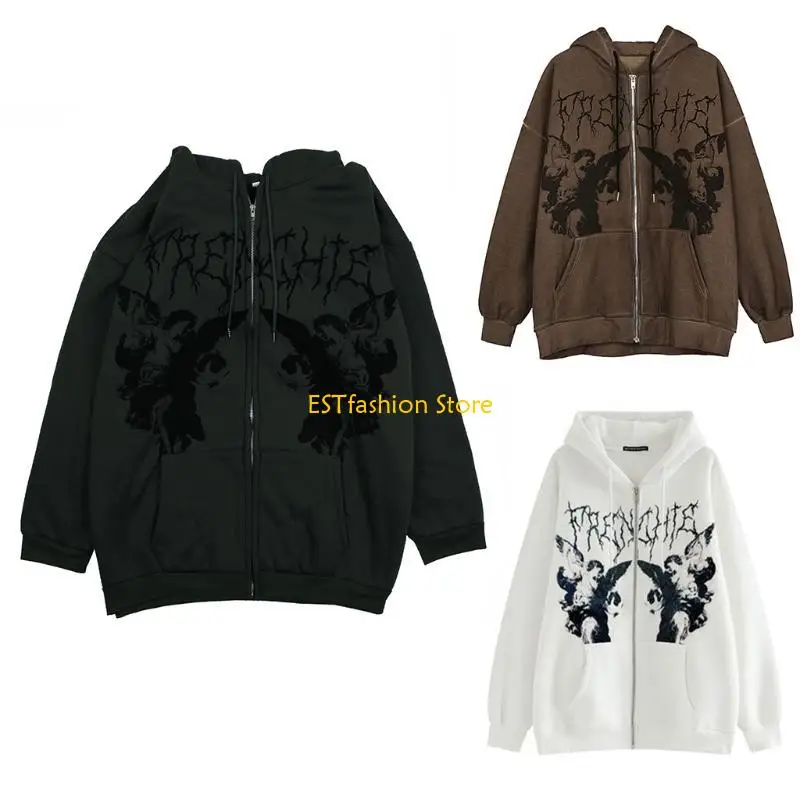 Y5GC Women Long Sleeve Hoodies for Jacket Goth Punk Angel Print Oversized Sweatshirt