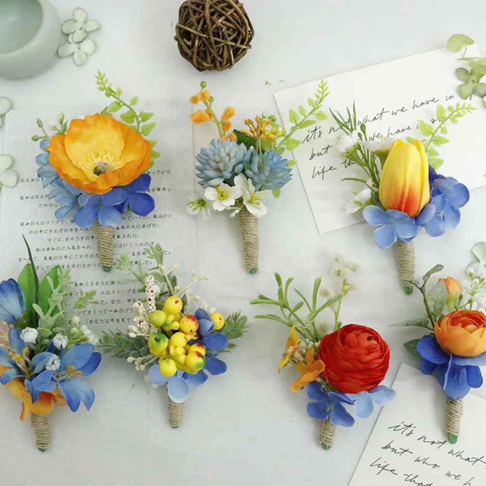 Classic Orange and Blue Flowers Wedding Boutonnieres for Groomsen Silk Peony Pins Vintage Brooch Party Bridal Decor Accessories