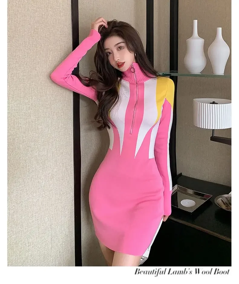 New Fashionable Casual Color Blocked Zipper Slimming Bag Hip Dress High Collar Bottom Knitted Sweater XQ297