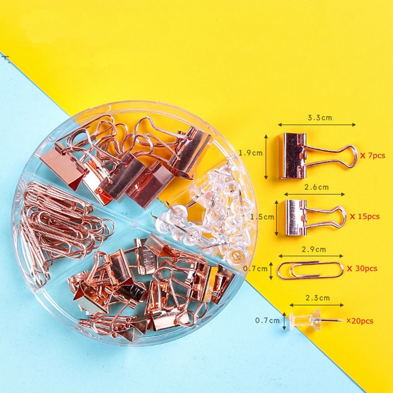 72Pcs Color Binder Clips Paper Clips Push Pin Set Rose Gold Push Pins Cute Stationery for Office Accessories School Supplies