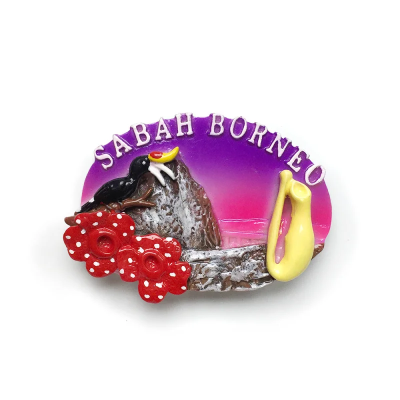 

Malaysia Sabah Borneo Mount Kinabalu Fridge Magnet 3D Resin Souvenir with Rafflesia Flower & Local Bird, Cute Magnets for Fridge