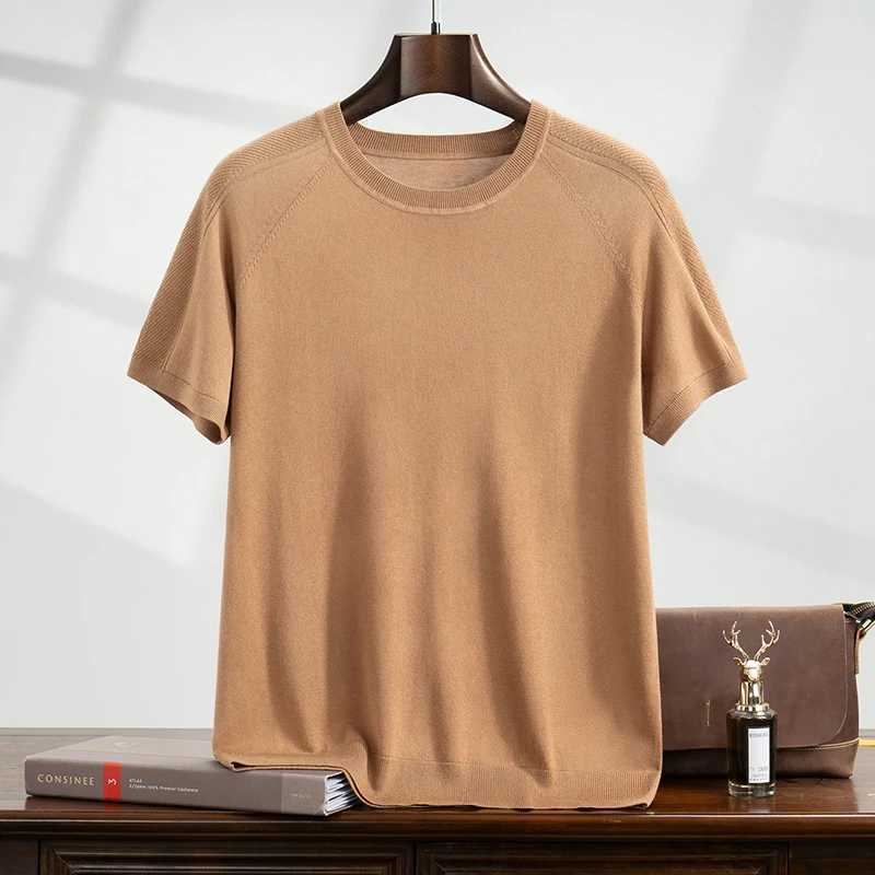 New men's mulberry silk T-shirt casual knit pullover short sleeved luxury loose round neck tops high-quality spun cashmere Tees