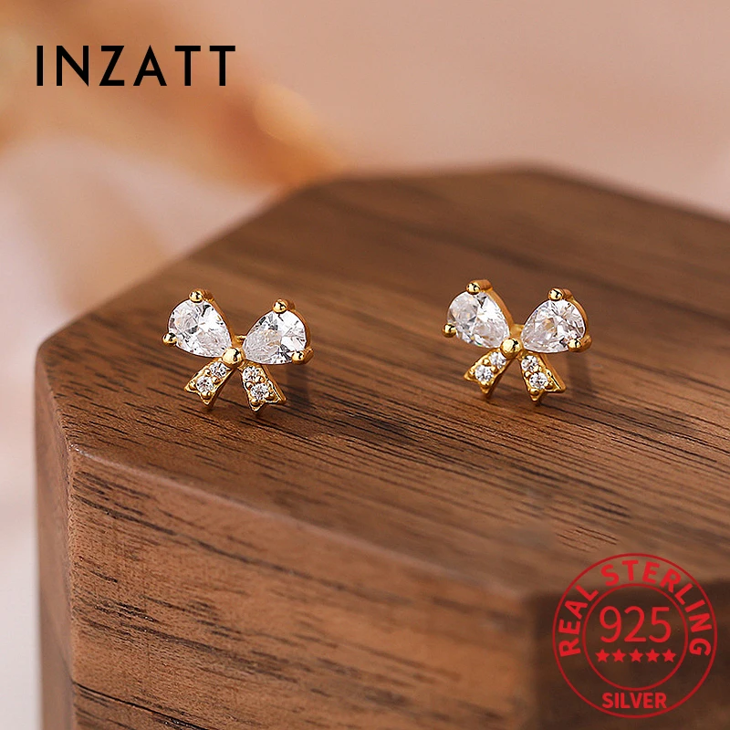 INZATT 100% 925 Sterling Silver Shining Zircon Bowknot Stud Earrings for Women Classic Fine Jewelry Luxury Accessories