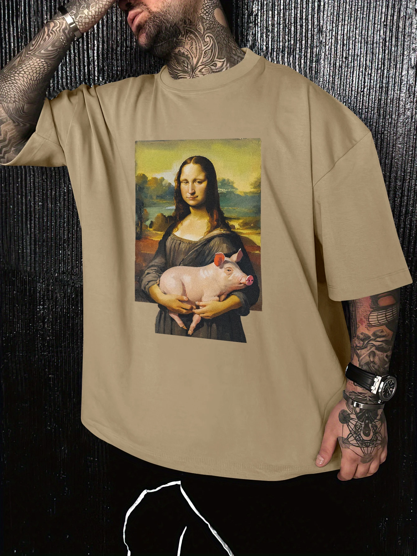 Men Oversized T Shirt Mona Lisa Holding Pig Oil Painting Chest Print Crew Neck Short Sleeve Funny Street Loose Casual Tee