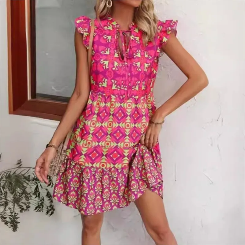 

2024 Summer new fashionable and elegant Midi women's dress with printed flying sleeves, V-neck strap, contrasting flower dress