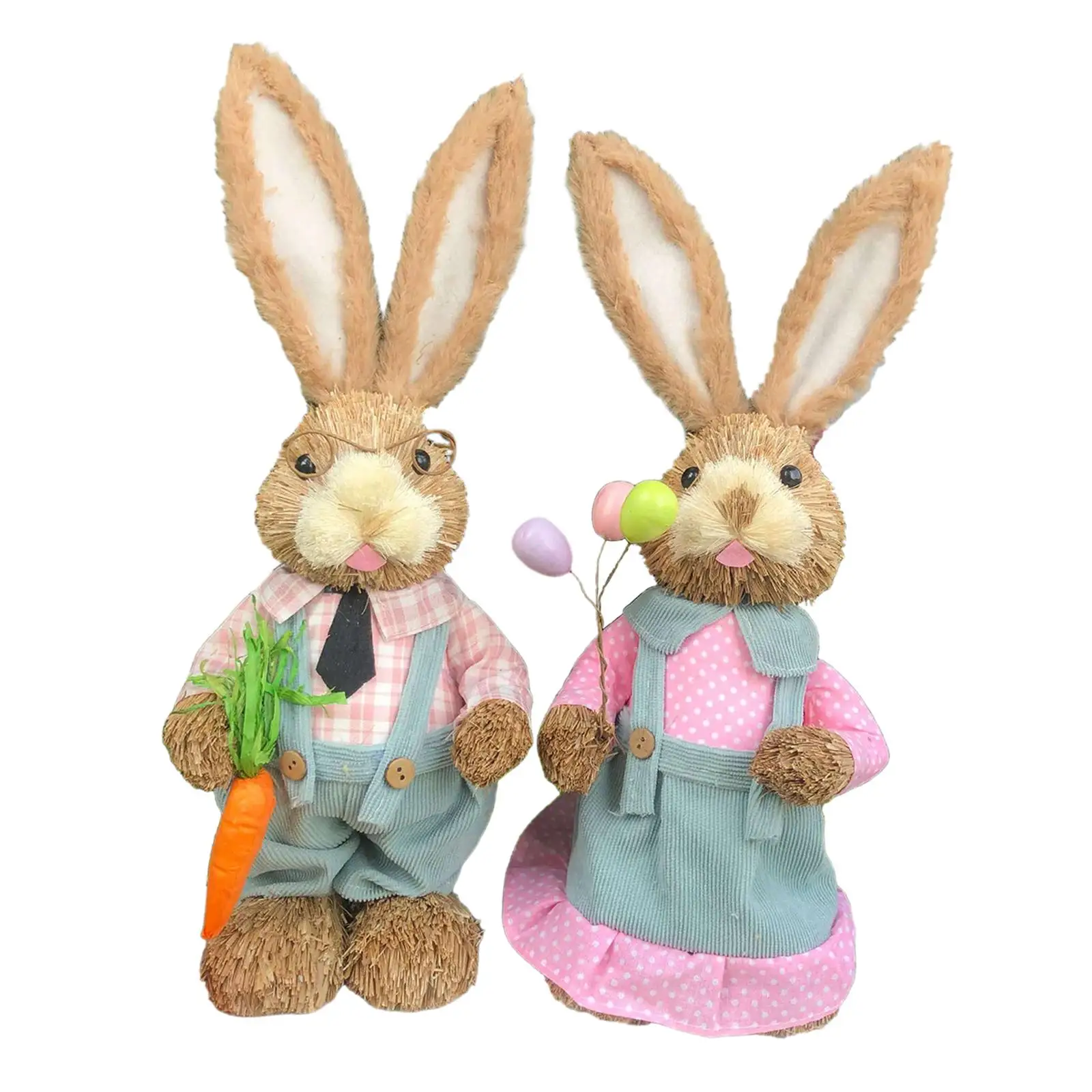 1 Pair Straw Woven Bunny Figurine Animal Sculpture Easter Holiday Party Favors Kids Toys Farmhouse Doll Desktop Rabbit Ornament
