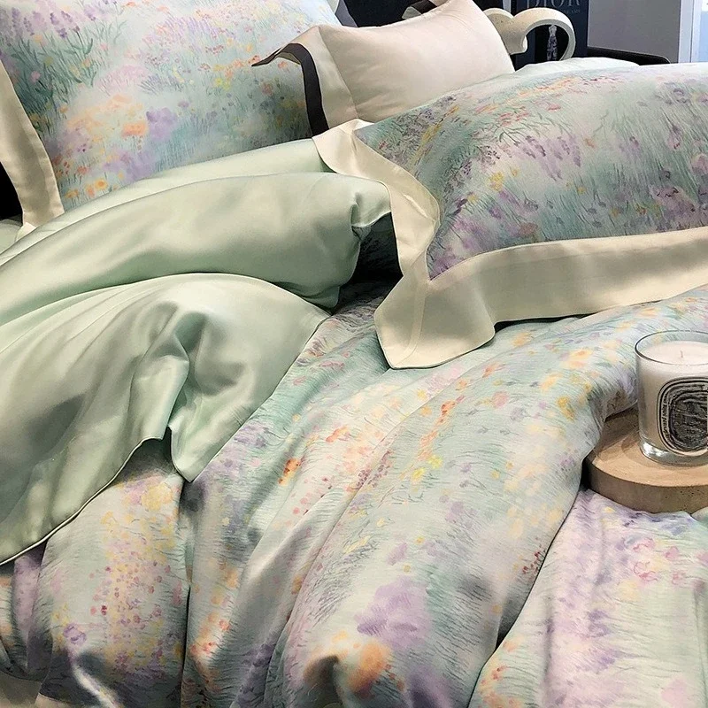 

High-grade fiber four-piece set, light luxury, silky printing, sleeping naked, quilt cover bedding purple and white
