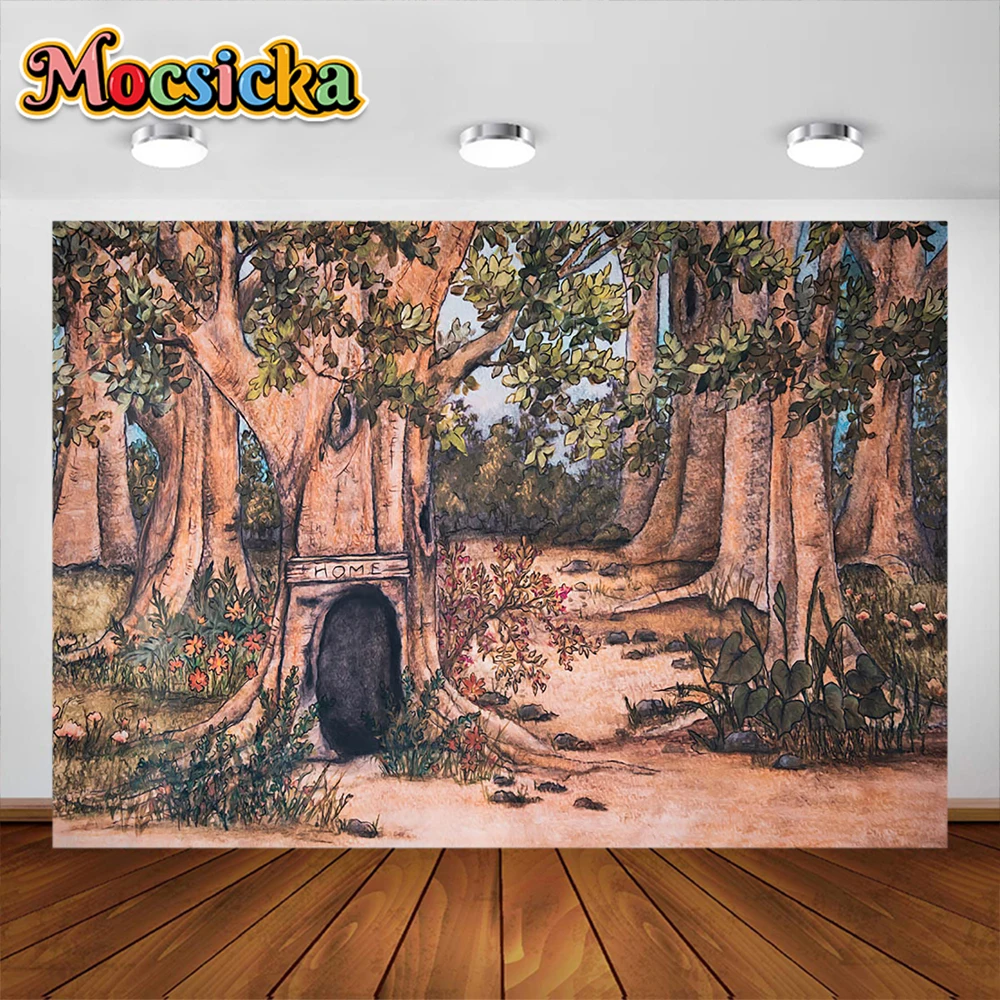 

Cartoon Deep Forest Theme Photography Background Home Tree Dole Party Decoration Supplies Dake Smash Baby Shower Studio Props