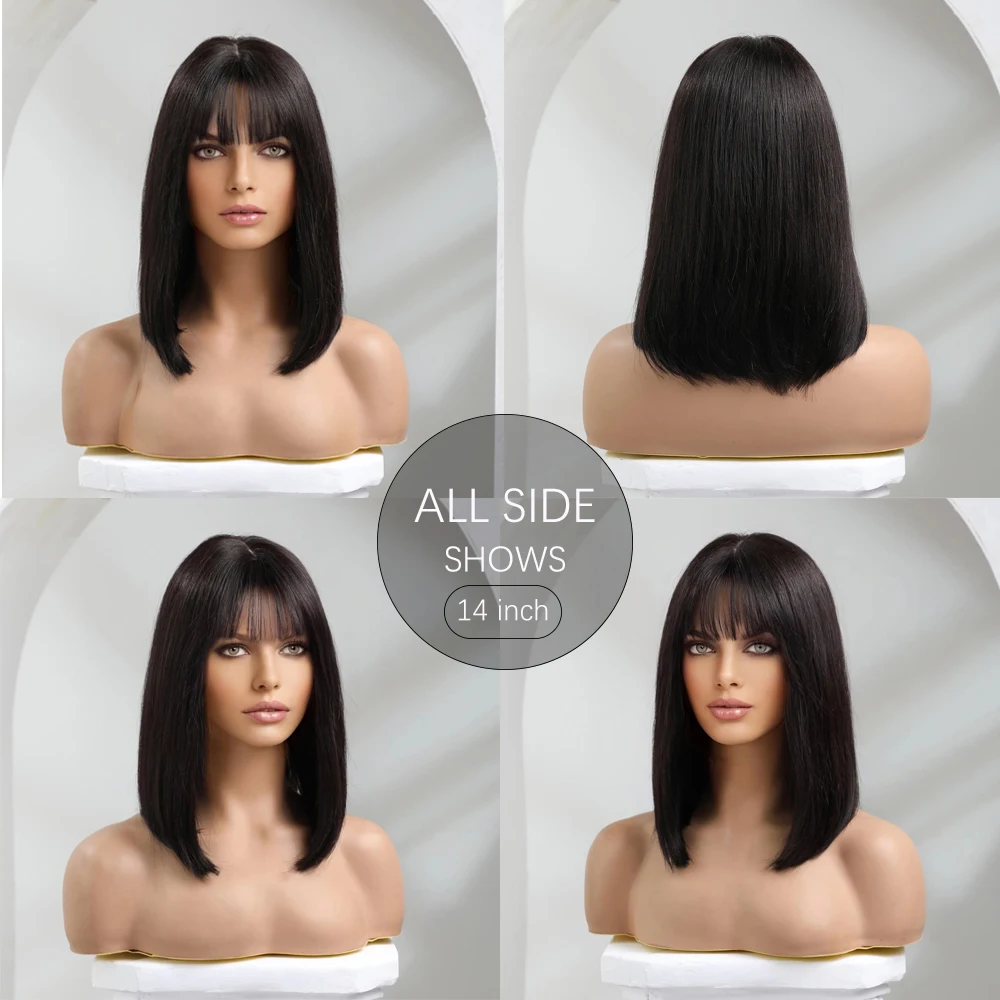 HAIRCUBE Straight Bob Human Hair Wig with Bang Shoulder Length Remy Hair Wigs for Women Full Machine Made Heat Resistant Wigs