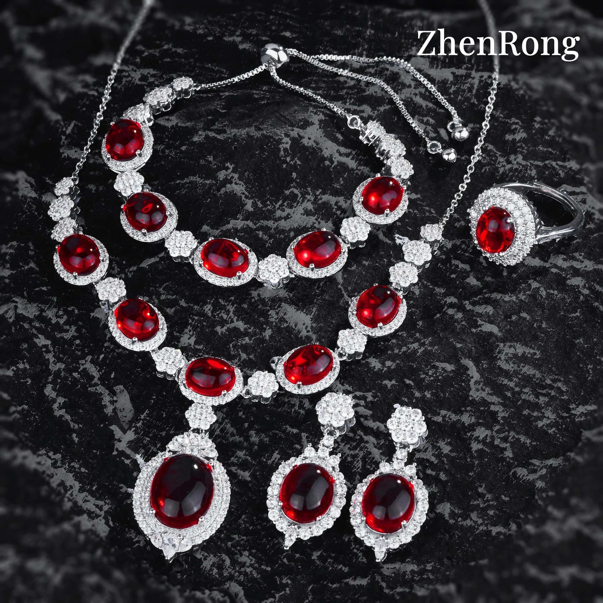 New Luxury Simulation Pigeon Ruby Jewelry Sets For Women Exaggerated Big Red Stone Pendant Necklaces Bracelets Earrings Rings