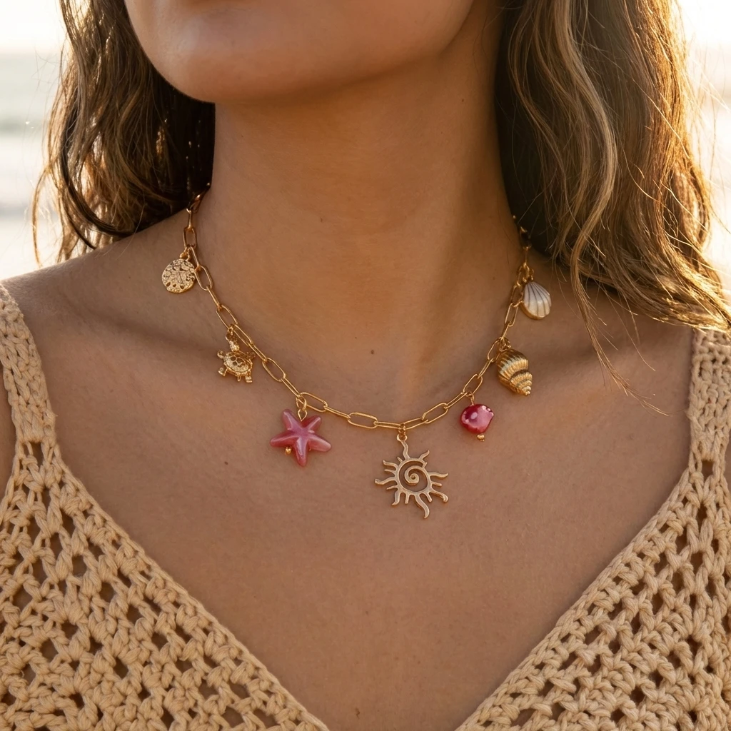 Klassische Seestern-Kokospalmen-Muschel-Sonnen-Anhänger-Halskette für Frauen Boho Goldfarben-Kette Choker Trendiger Sommer-Strandschmuck – Detail 2