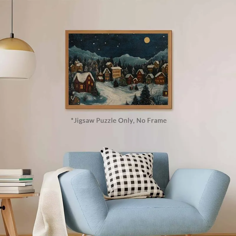 大人向けジグソーパズル 500ピース - 雪に覆われたクリスマスの村、月明かりの夜のクリスマス柄ジグソーパズル、魅力的な家族ゲーム