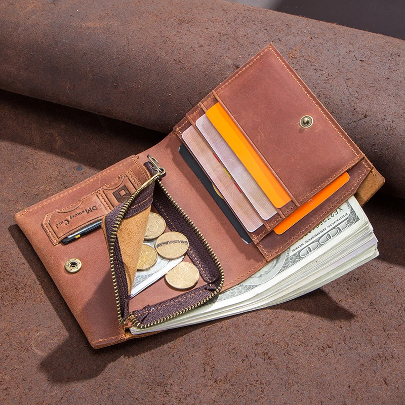 CONTACT\'S Genuine Leather Short Wallets for Men Anchor Pattern Card Holders Zipper Coin Purses Money Clips Men\'s Bags Handbags