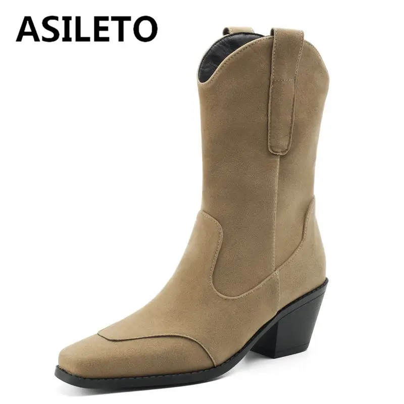 

ASILETO Brand Western Female Boots Square Toe Block Heels Slip On Flock Suede Large Size 42 43 Classic Women Daily Ankle Bota