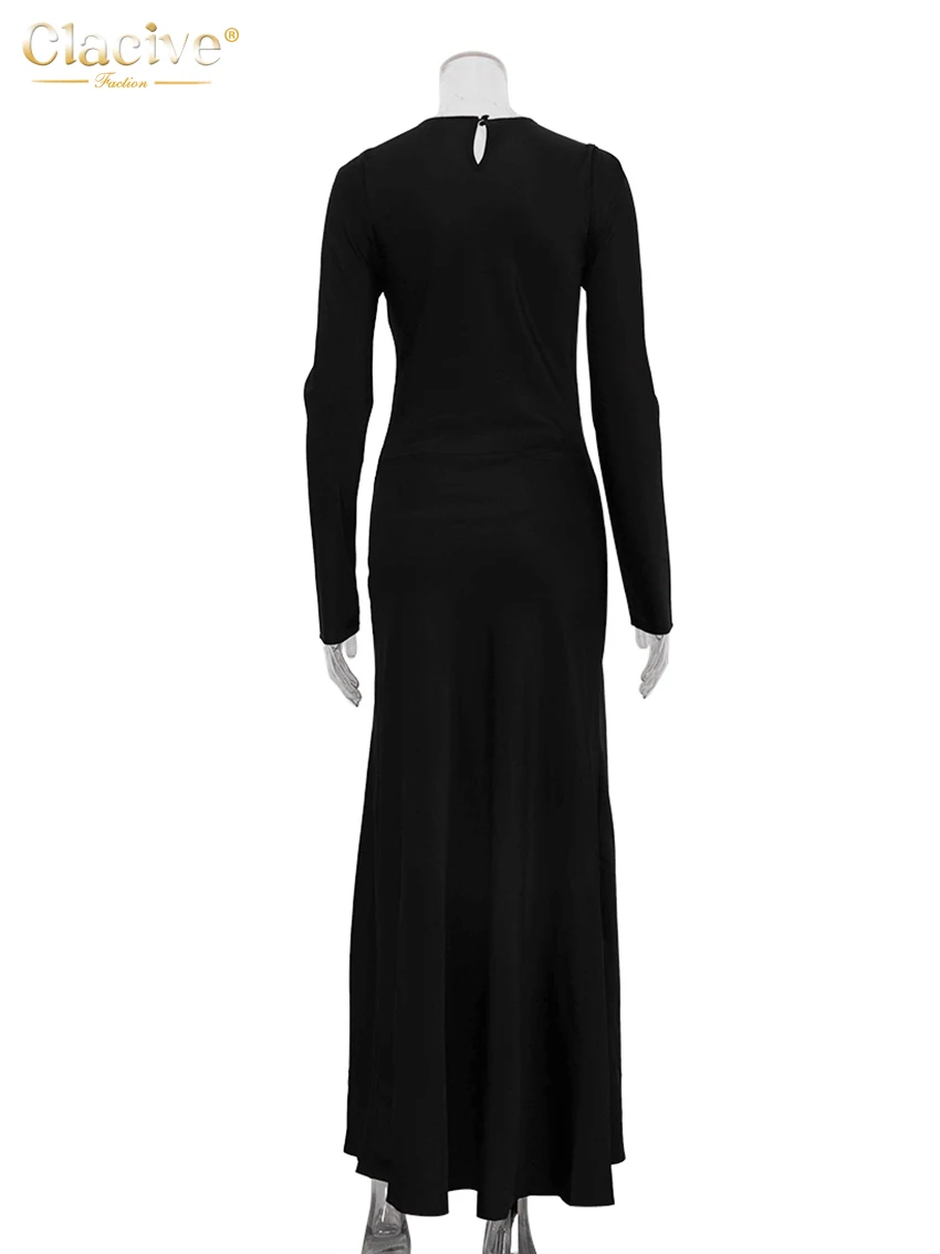 Clacive Fashion Loose Black Satin Women's Dress 2025 Elegant O-Neck Long Sleeve Ankle Length Dresses Sexy Slit Female Dress