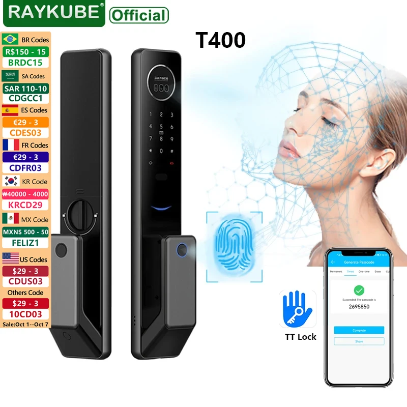 NEW RAYKUBE T400 Full-auto Advanced TT Lock 3D Face Recognition Smart Door Lock Digital Fingerprint Electronic Door Lock