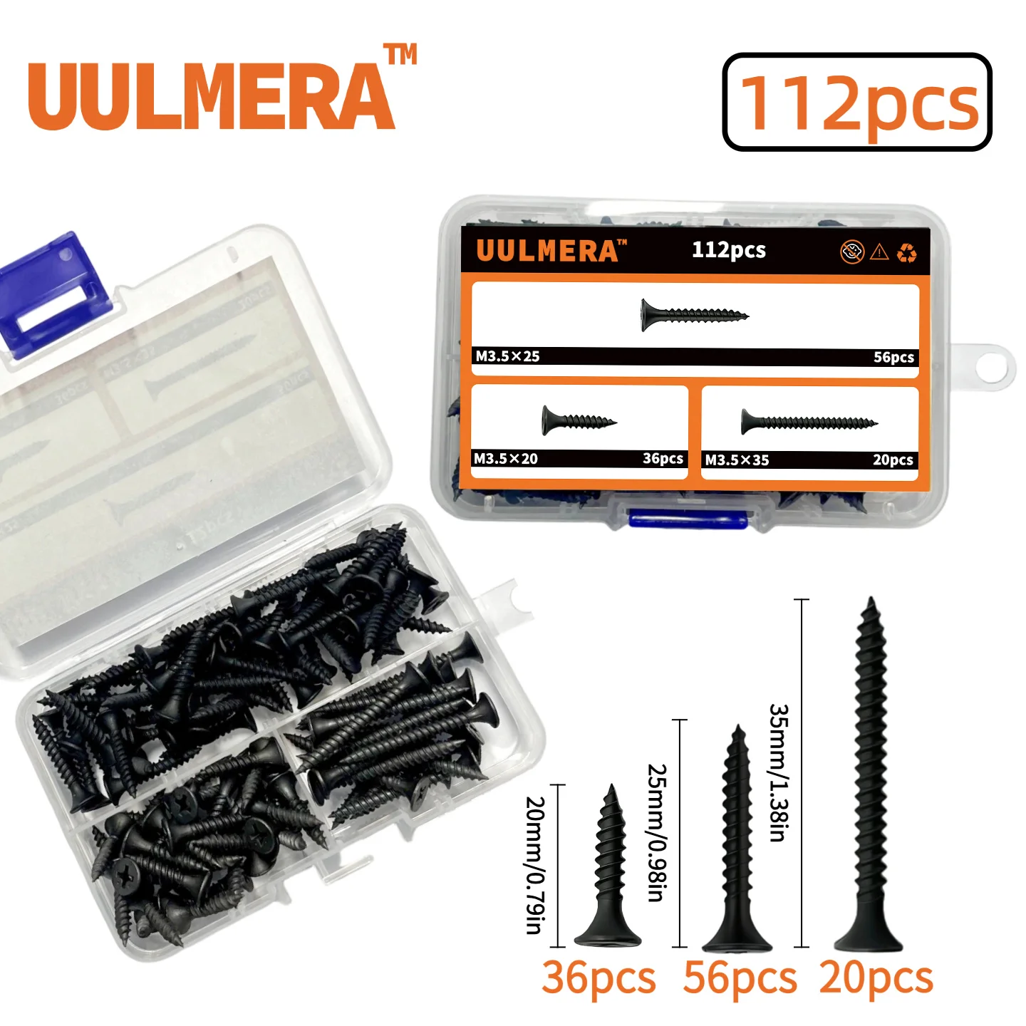 UULMERA 112pcs schrauben set 3 specifications:M3.5×20 M3.5×25 M3.5×30 holzschrauben set，selbstschneidende schrauben set