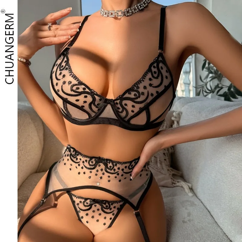 

CHUANGERM Garters Lingerie Set Embroidered Bra Women's Underwear Set Sexy Perspective Body Suit Female Erotic Top Intimates