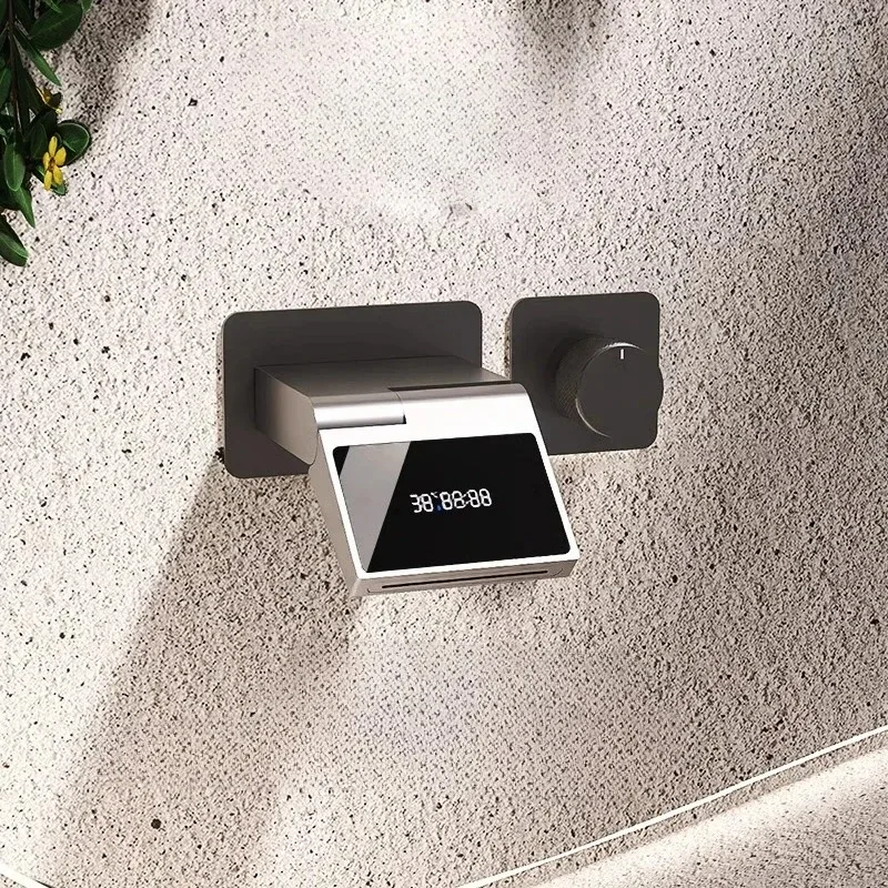 Wall-Mounted Faucet with Digital Display Hot And Cold Water All-Copper Body Foldable Storage Platform for Kitchen Sink