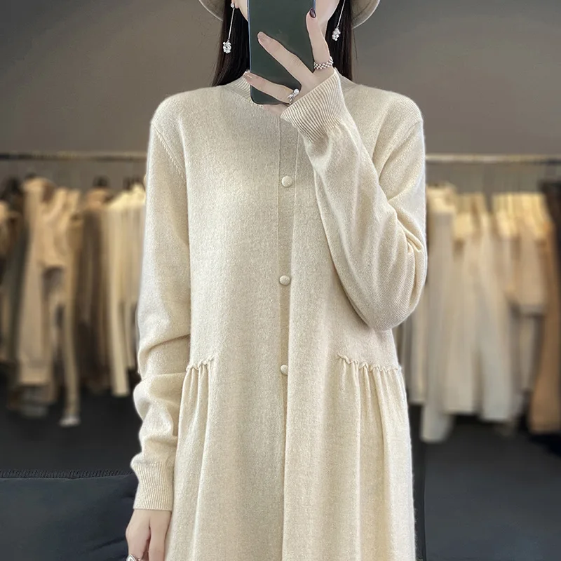 Women Dresses 100% Cashmere and Wool Knitted Jumpers Long Oneck 2023 Winter/ Autumn Female Dress Woolen Knitting Clothes NJ01