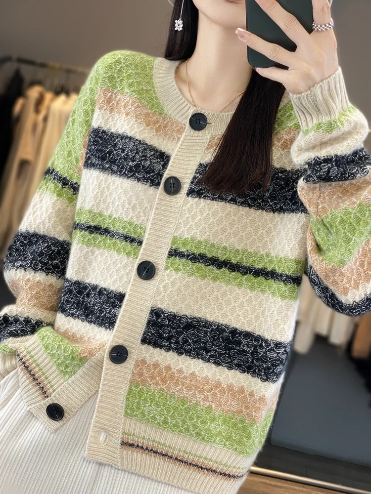 

Women Contrast Color O-Neck Cardigan Casual Loose Sweater For Autumn Winter 100% Merino Wool Knitwear Striped Cashmere Tops