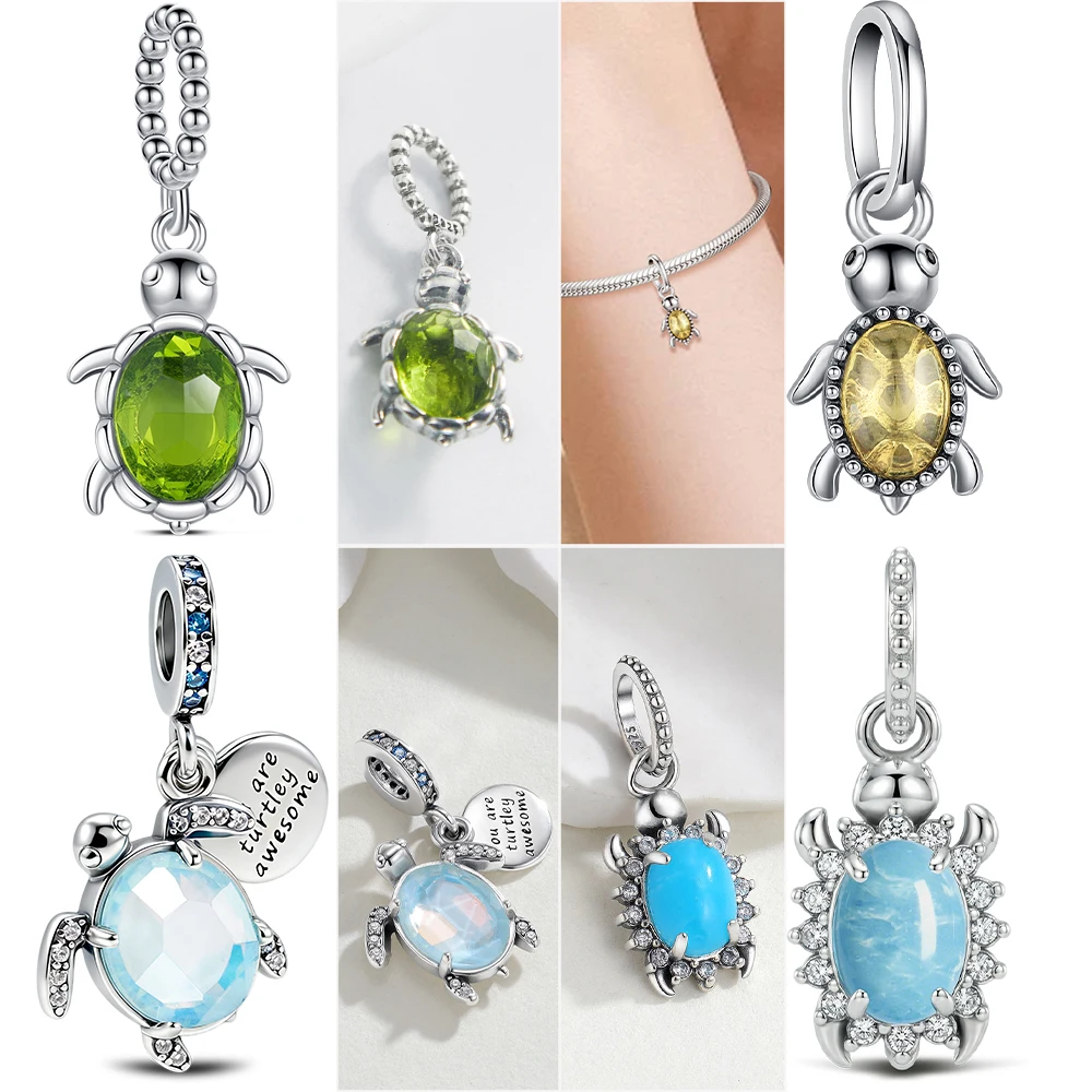 New Sterling Silver Natural Gemstone Turtle Charms Tortoise Pendants Jewelry Making For Classic Bracelet Ladies DIY Gifts