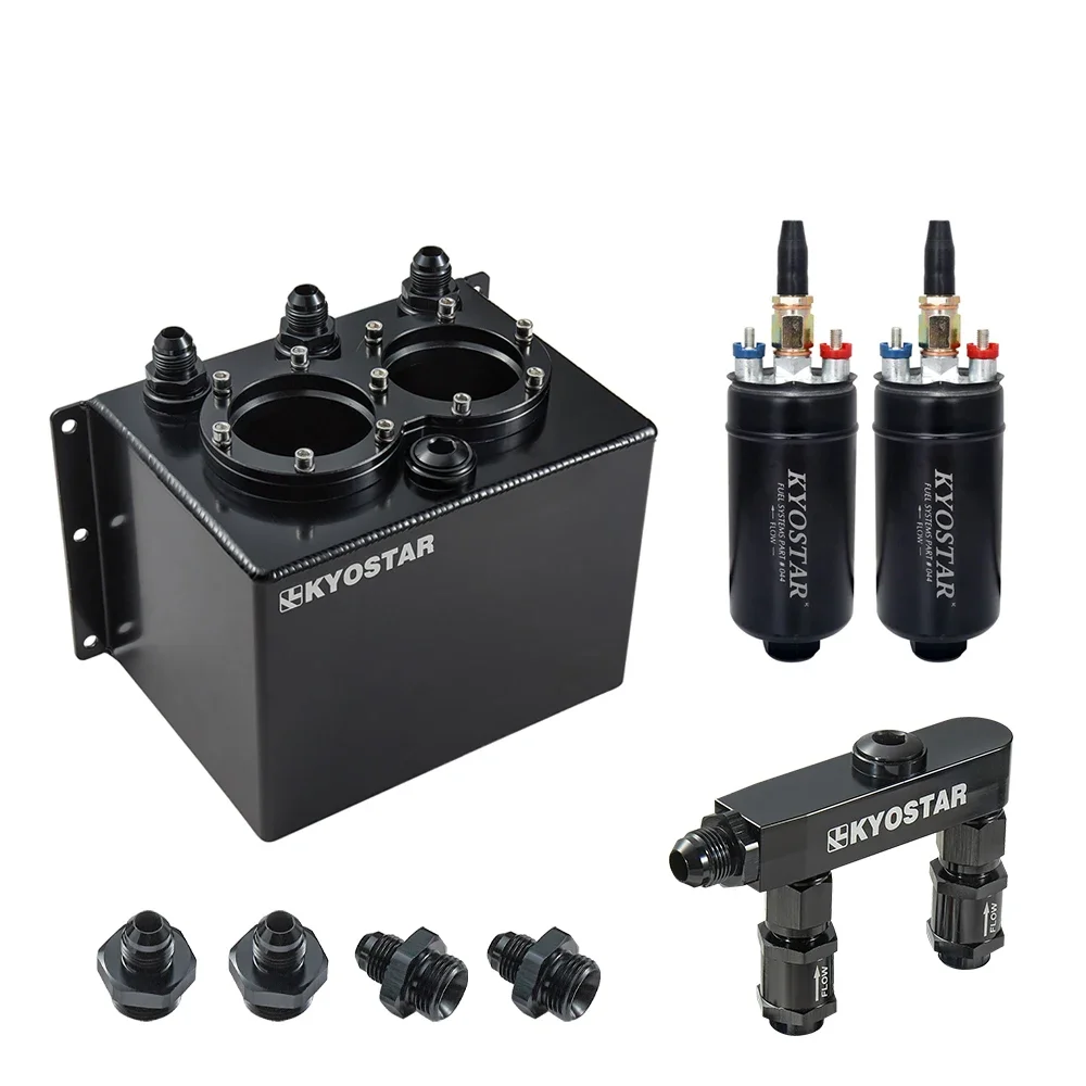 

Black Universal KYOSTAR Surge Tank 3L Aluminum Highflow Fuel Swirl Pot Tank with Fuel Rail For Dual 044 Fuel Pump 300LPH