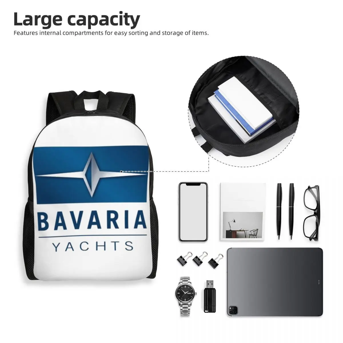 Bavaria Yachts Blue Silver Logo Student Backpack School Bag Hiking Travel Daypack for Men Women Fashion Bookbag Shoulder Bags