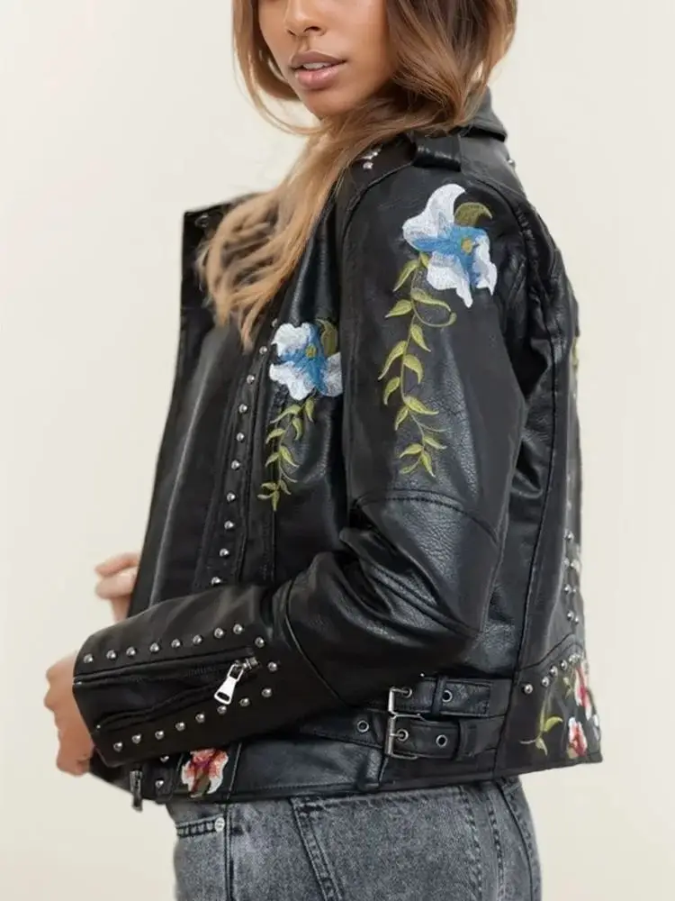 2025 nouvelles femmes High Street imprimé fleuri broderie Faux cuir vestes femme Moto & Biker Rivet noir Punk manteaux d'extérieur