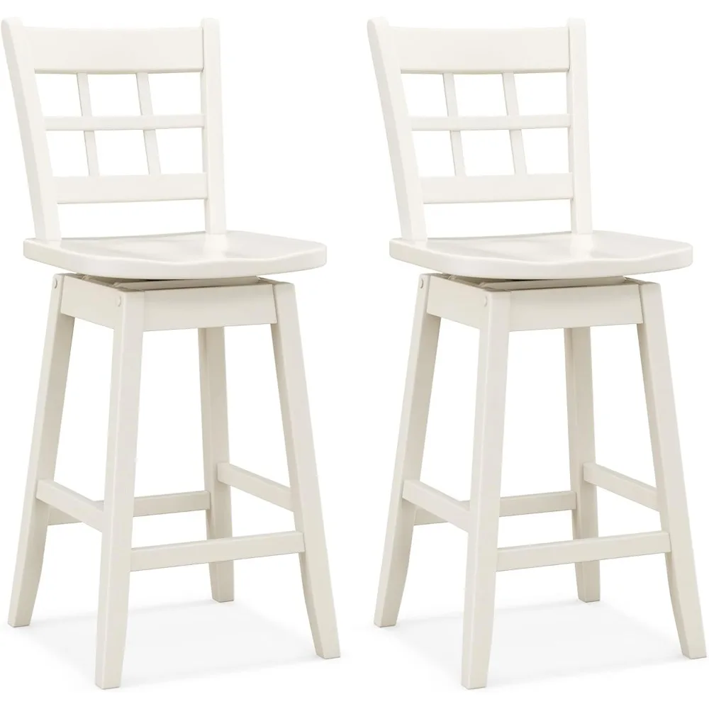 

24.5" Bar Stools Set of 2, Farmhouse Swivel Barstools with 6-Grid Hollow Back & Ergonomic Contoured Seat, Footrest, Wooden Coun