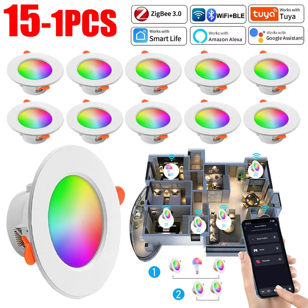 1-10PCS 10W Smart LED Downlight Bluetooth Ceiling Lamp RGB Lamp APP Remote Control Color Changing light for Google Alexa Home 