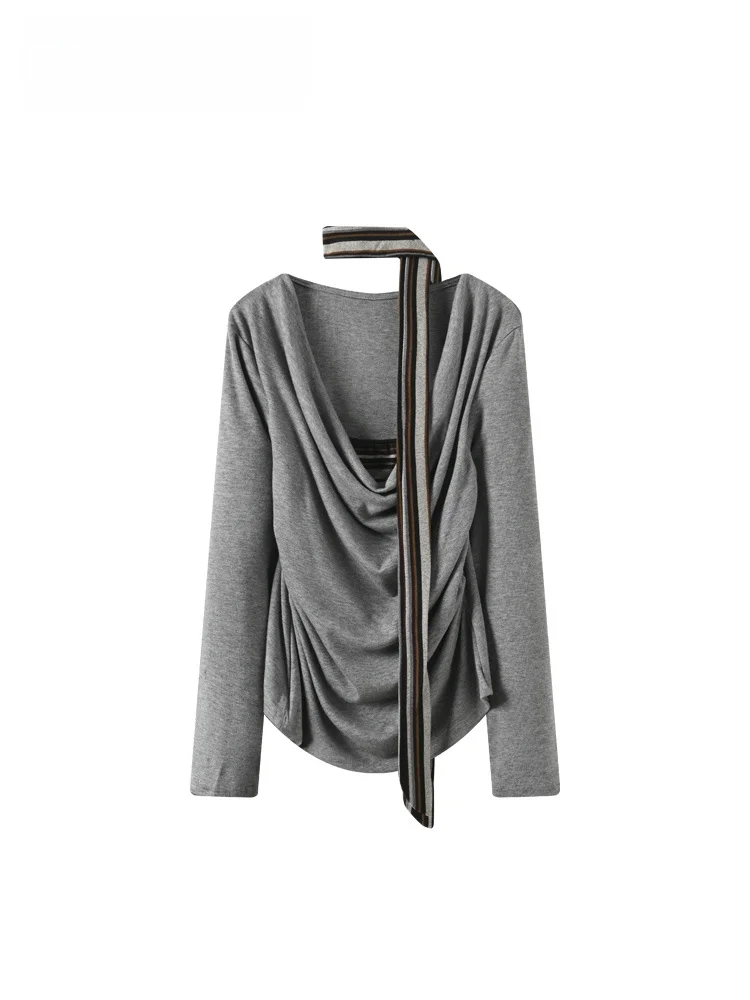 

Женская винтажная футболка больших размеров с длинным рукавом, имитация двухслойности, в полоску, стандартный крой, из полиэстера, весенняя мода