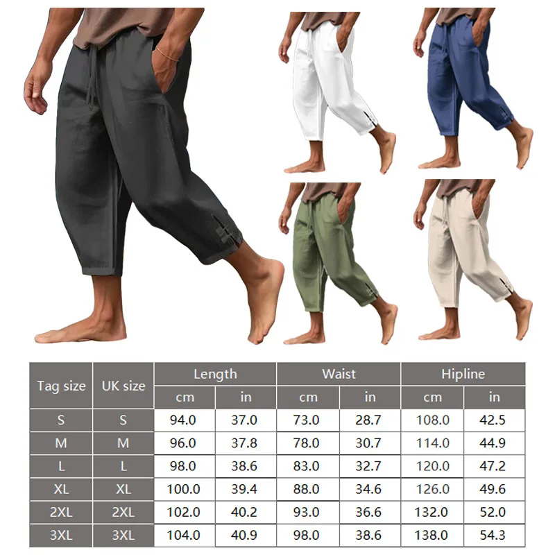 Pantalones casuales de verano para hombre, pantalones bombachos de pierna ancha, transpirables, con bolsillos de cintura elástica, sueltos, de nueve minutos