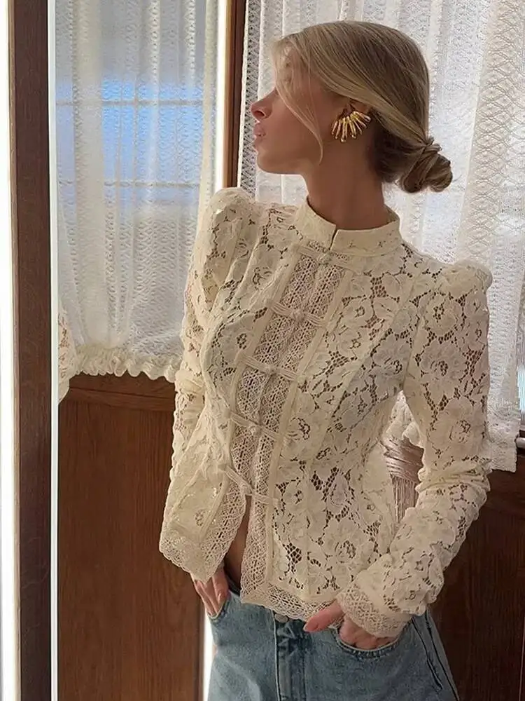 Retro Solid Chinese Hollow Lace Shirt Women Chic O Neck Long Sleeve Slim Knit Top Summer 2025 Fashion New Street Floral Blouses