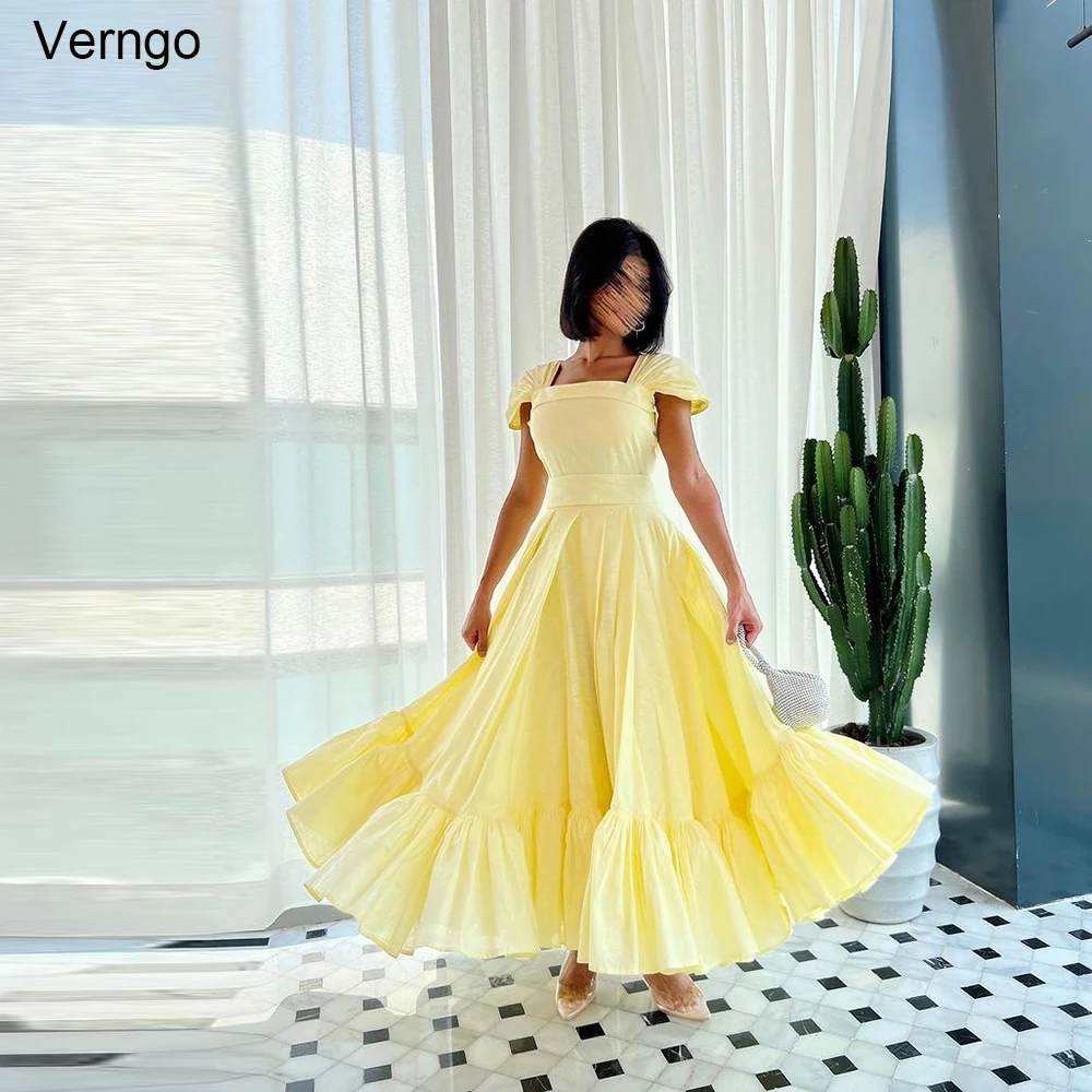 

Verngo A-line Prom Dress Short Sleeves Square Collar Evening Party Dress Arab Tea-Length Formal Occasion Gown Robe De Soirée