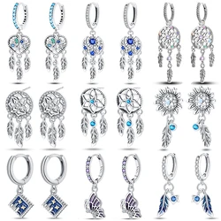 New 925 Silver Plated Shiny Dream Catcher Feather Earrings For Women Exquisite Butterfly Earrings Fashion Birthday Jewelry