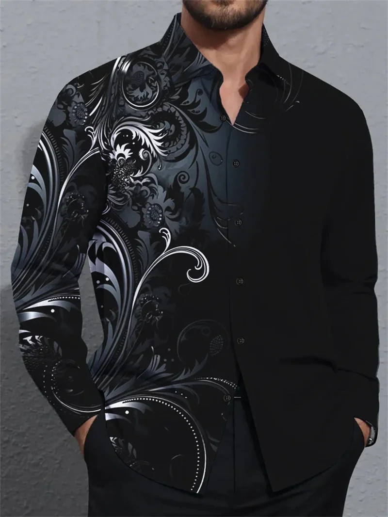 New men's long sleeved shirt with floral print collar, outdoor long sleeved street style design, casual and comfortable