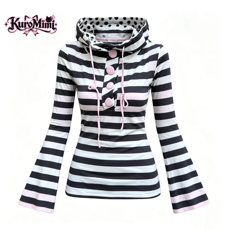 Y2K Vintage Sweet Slim Fit Striped Drawstring Hood T Shirt Women Polka Dot Lined Flare Long Sleeve Pink Buttons Contrast Trim
