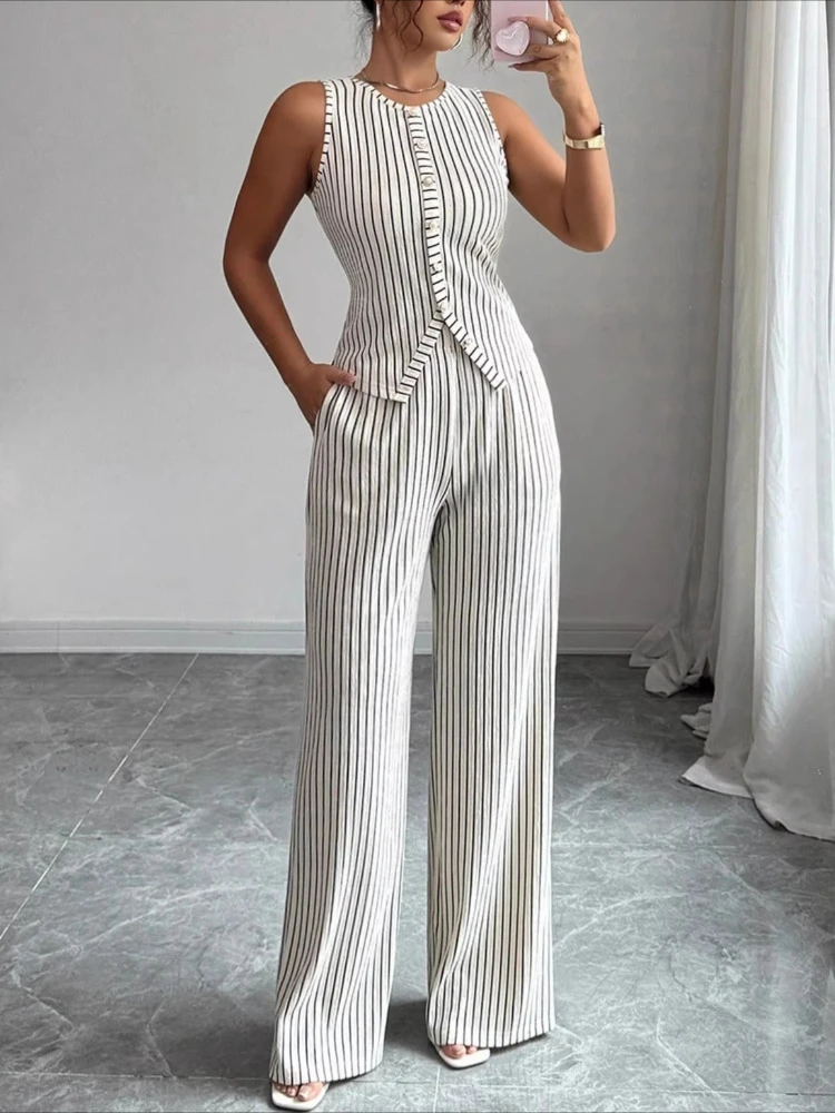 Women's Striped Fashion Sleeveless Tops Trousers 2-piece Pants Set Slim Vest Suit Collar Office Two Piece Sets Womens Outifits
