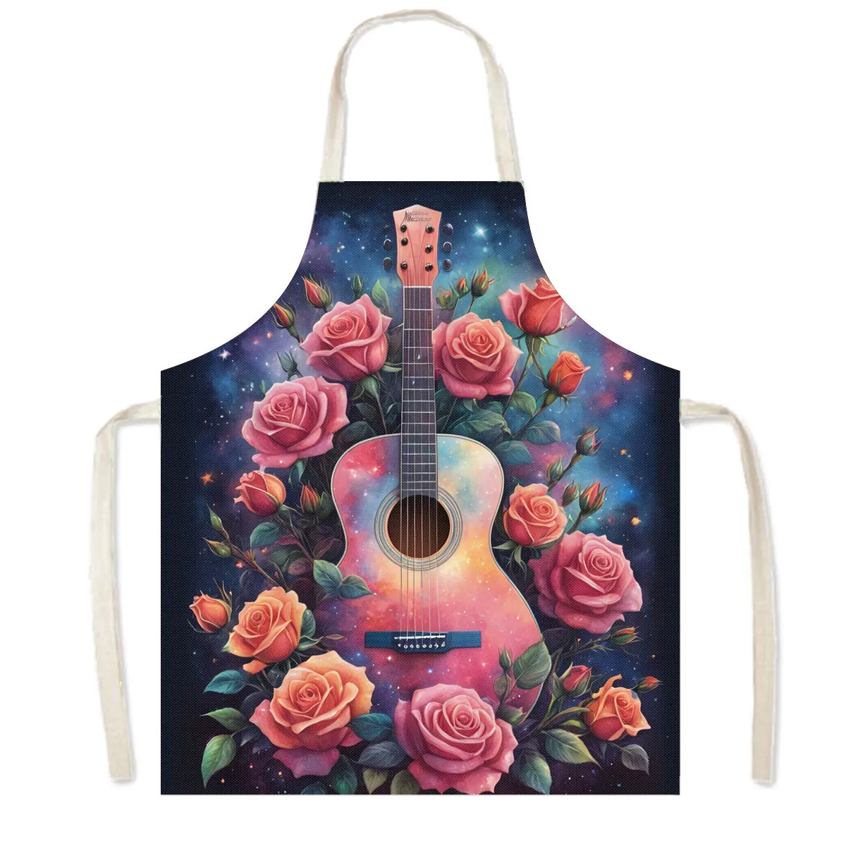 Musical Instrument Guitar Cooking Aprons Guitar with Flowers Pinafore Household Cleaning Clothing Chef Linen Kitchen Apron