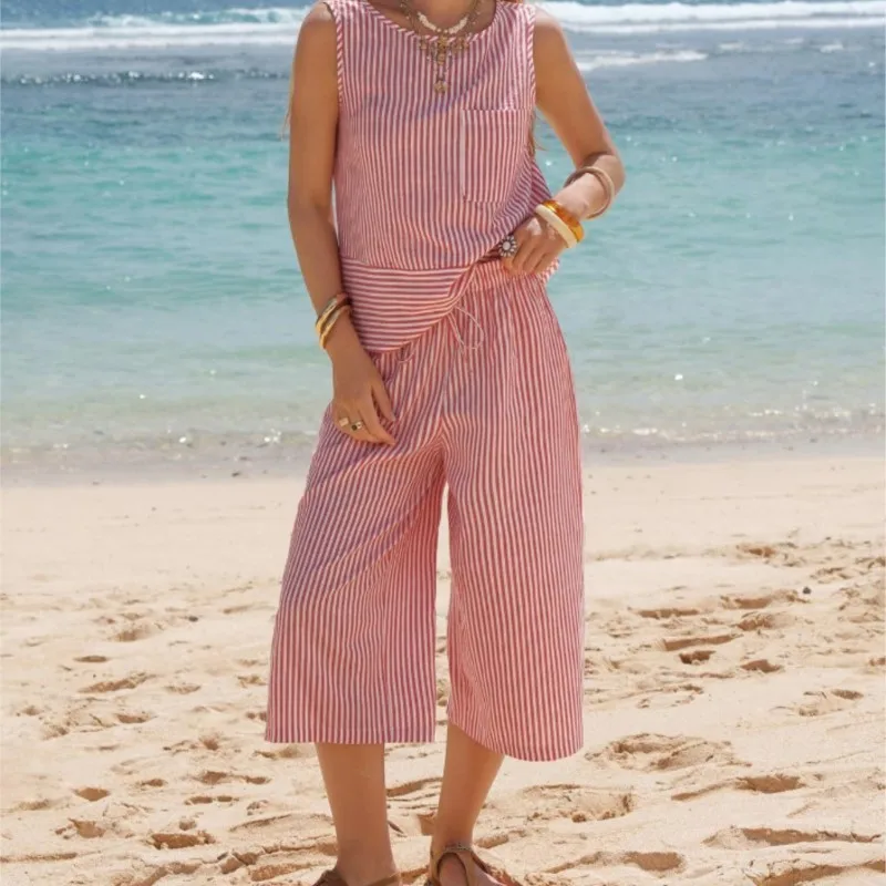 

New Fashion Stripes Vest Tops Pants Sets Women Loose O Neck Tops + 3/4 Length Pants Two-piece Set Summer Casual Holiday Outfits