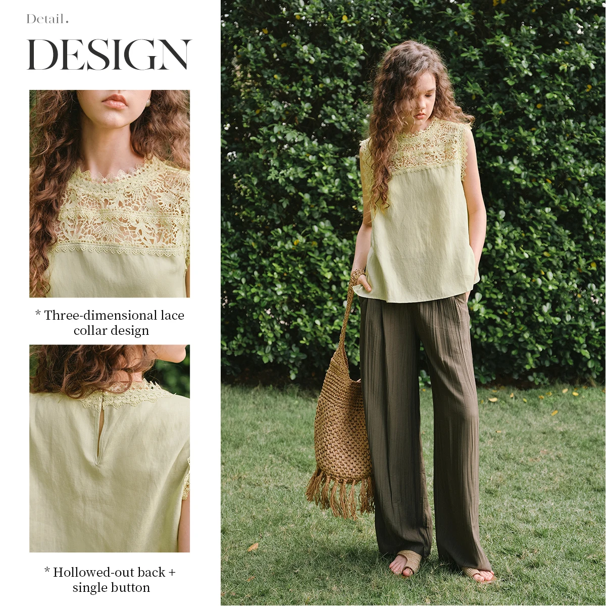 

OLrain Line Blend Summer Blouse Woman 2026 Sweet Youth Green Loose Fit Sleeveless Lace Tops Women's Clothing O57XX99096