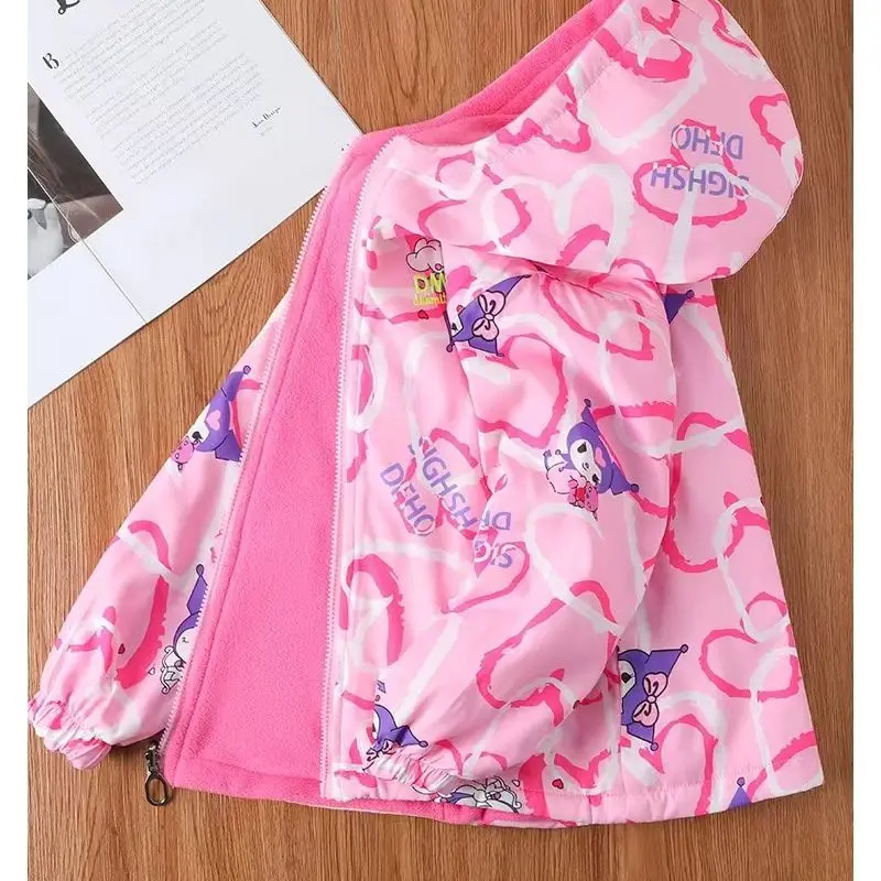 Kuromi Sanrio Kids Spring Jackets Anime Thicken Warm Coat Cartoon Long Sleeve Hoodie Cute Cardigan Outdoor Jackets Girl Gift