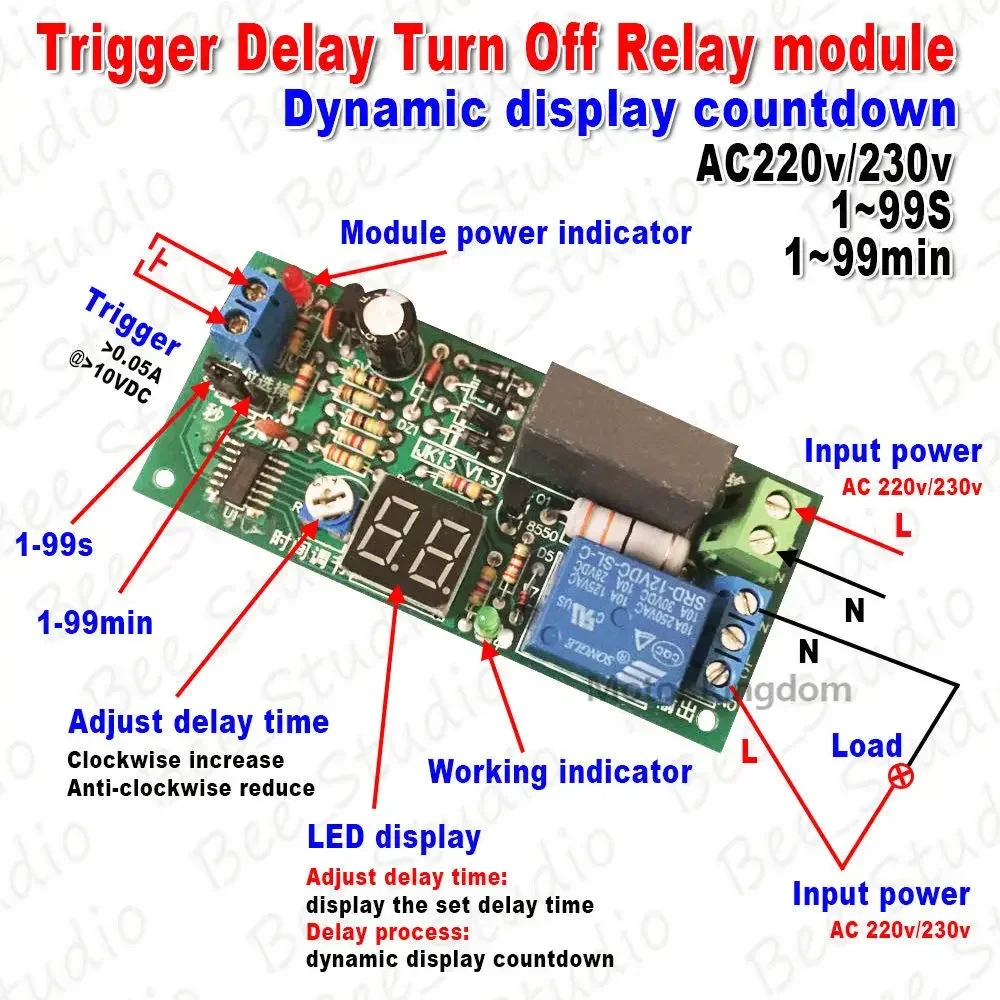 1-99S/1-99min AC 220V 230V LED Display Countdown Timing Timer Delay Turn OFF Time Relay Module