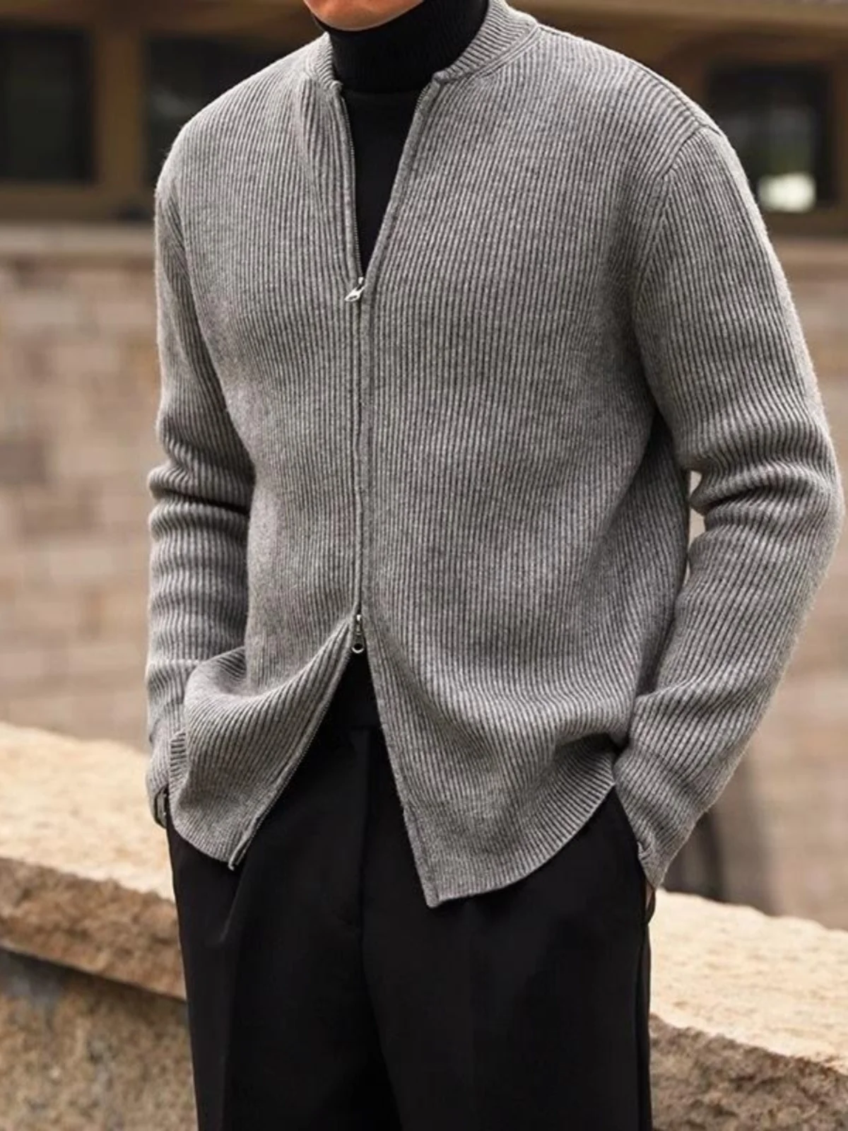 

Мужской зимний вязаный свитер на молнии, свободный крой, с высоким воротником, кардиган с полувысоким воротником, повседневный теплый модный топ с длинным рукавом
